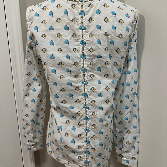 White Button-Up Shirt with Blue and Yellow Pattern - Picture 2 of 5
